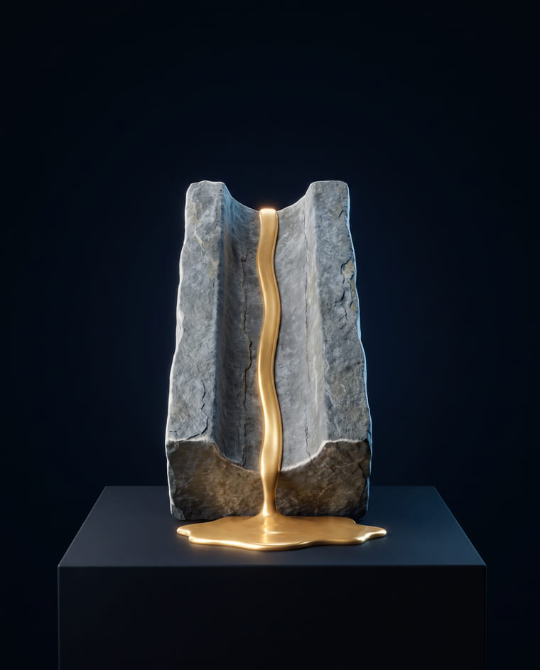 Split stone with molten gold run through the full length of the fracture and pooling at the base.