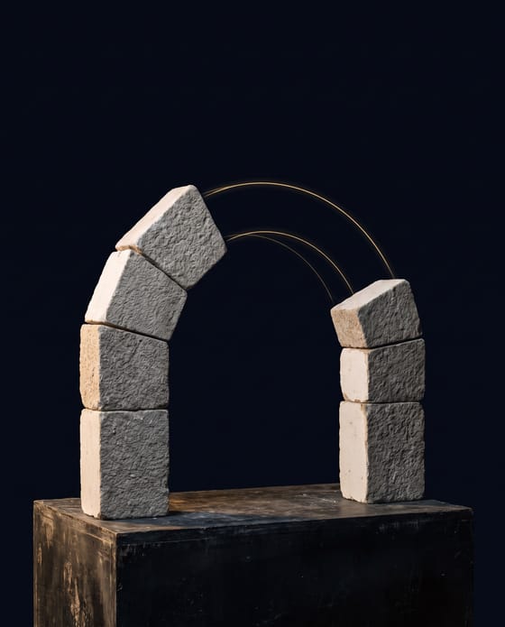 Two half-arches standing apart, gold arcs tracing the span that is missing.