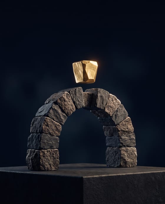 A gold keystone suspended above the gap between two half-arches, lit.