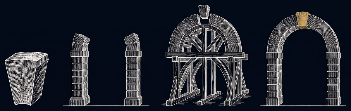 A four-stage engraving of an arch being built: a single voussoir, two piers, the timber centring, then the keystone set in gold.